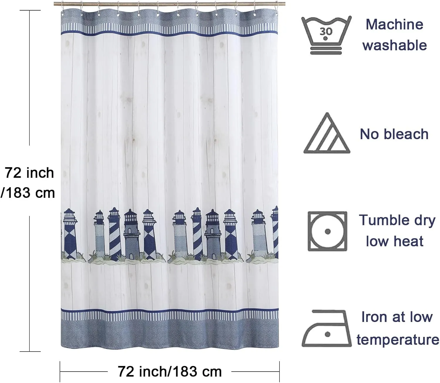 Lighthouse Fabric Shower Curtain, Blue Gray and White Coastal Nautical Shower Curtains for Bathroom Decor, Waterproof Polyester Bathroom Curtains, 72" W x 72" H