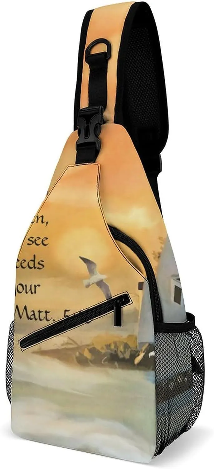 Lighthouse Seagulls Christian Bible Verse Durable And Adjustable Chest Bag There Are Pockets on The Outside for Unisex
