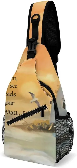 Lighthouse Seagulls Christian Bible Verse Durable And Adjustable Chest Bag There Are Pockets on The Outside for Unisex