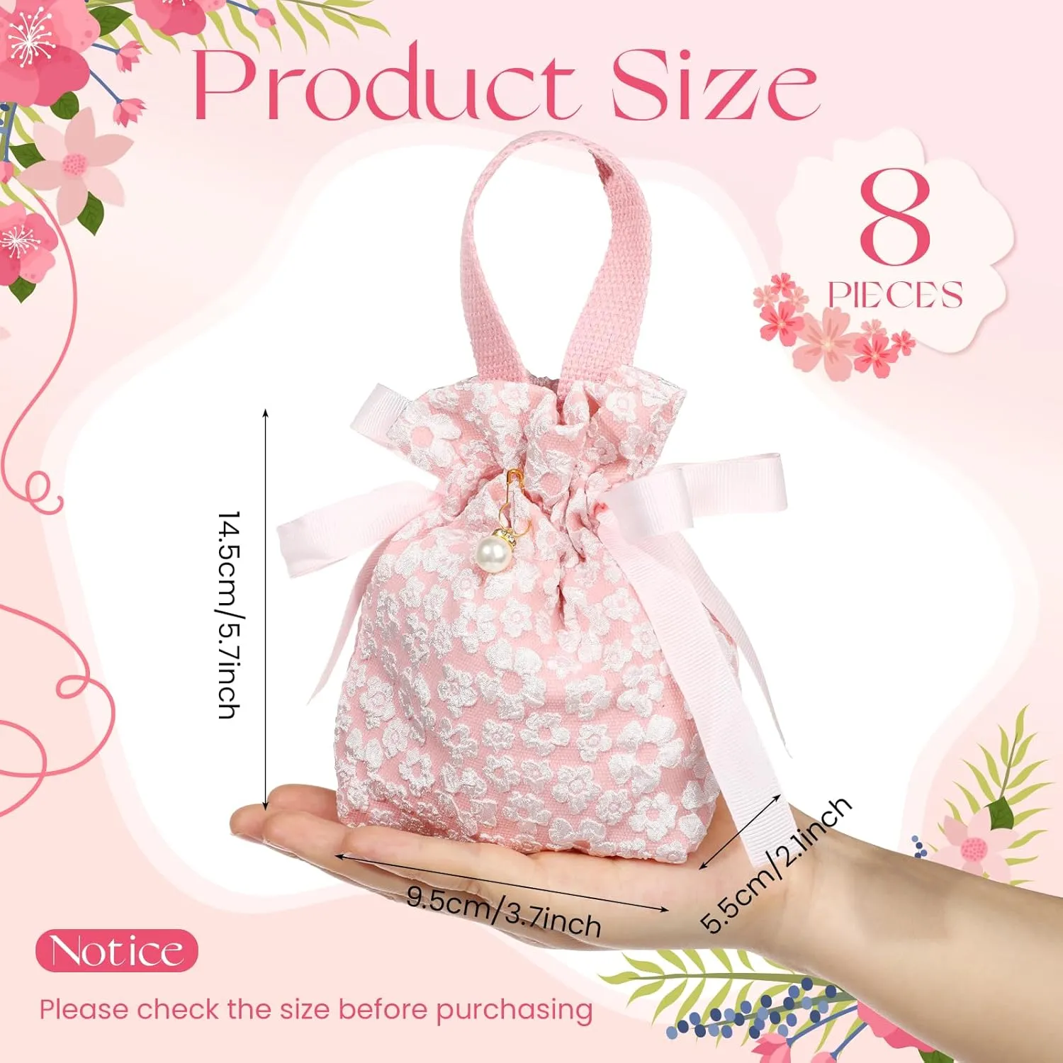 Liobelon 8 Pieces Small Floral Gift Bags, Canvas Pink Gift Bags, Tea Party Favor Bags With Handle, Mini Drawstring Treat Gift Pouches for Baby Shower, Bridal Shower, Birthday, Wedding (pink)