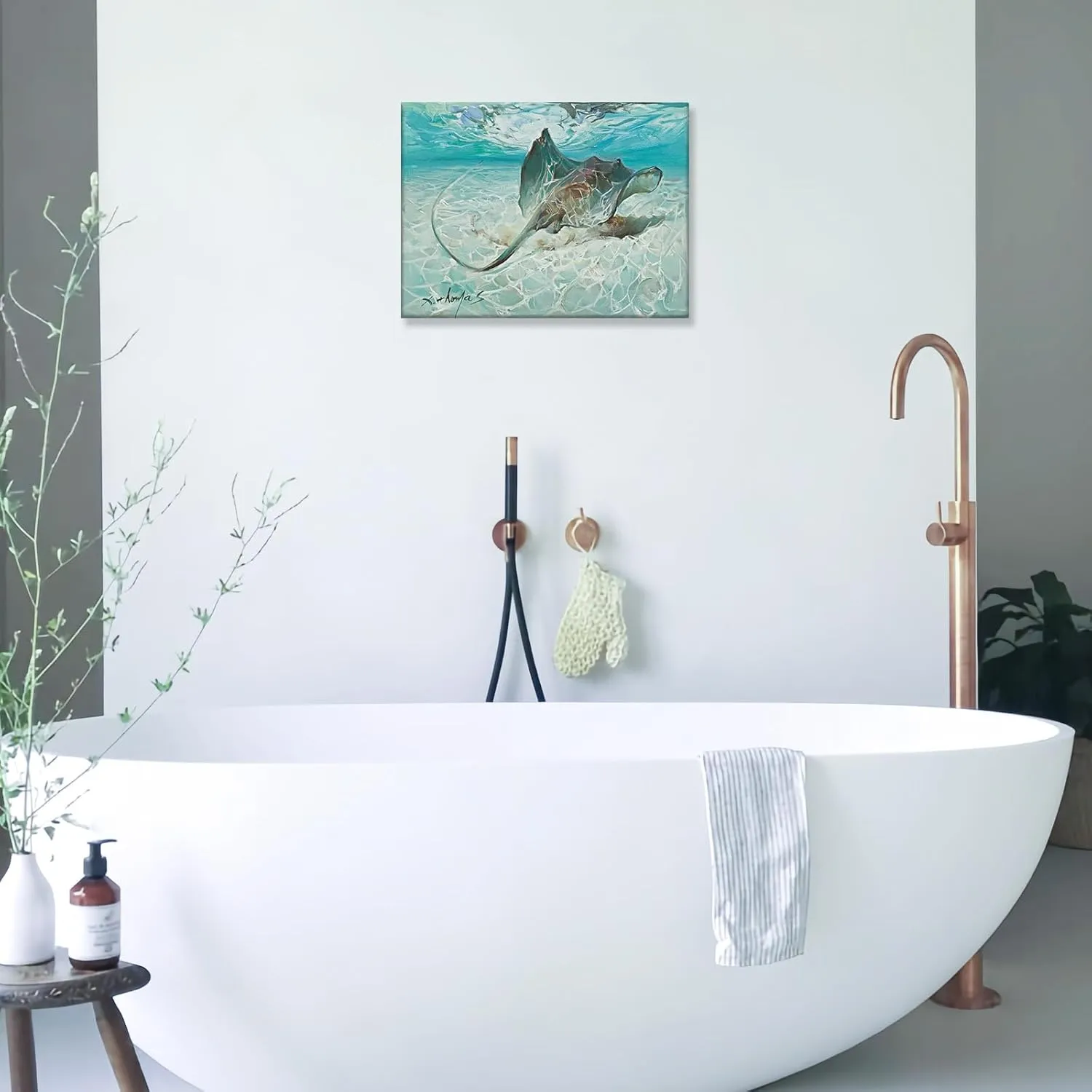 LJZLDZS Ocean Canvas Wall Art Nautical Bathroom Decor Stingray Manta Ray Picture Artwork for Living Room Bedroom Kitchen Nursery, 12x16 Inch Blue Teal Beach Decorations Framed Ready to Hang