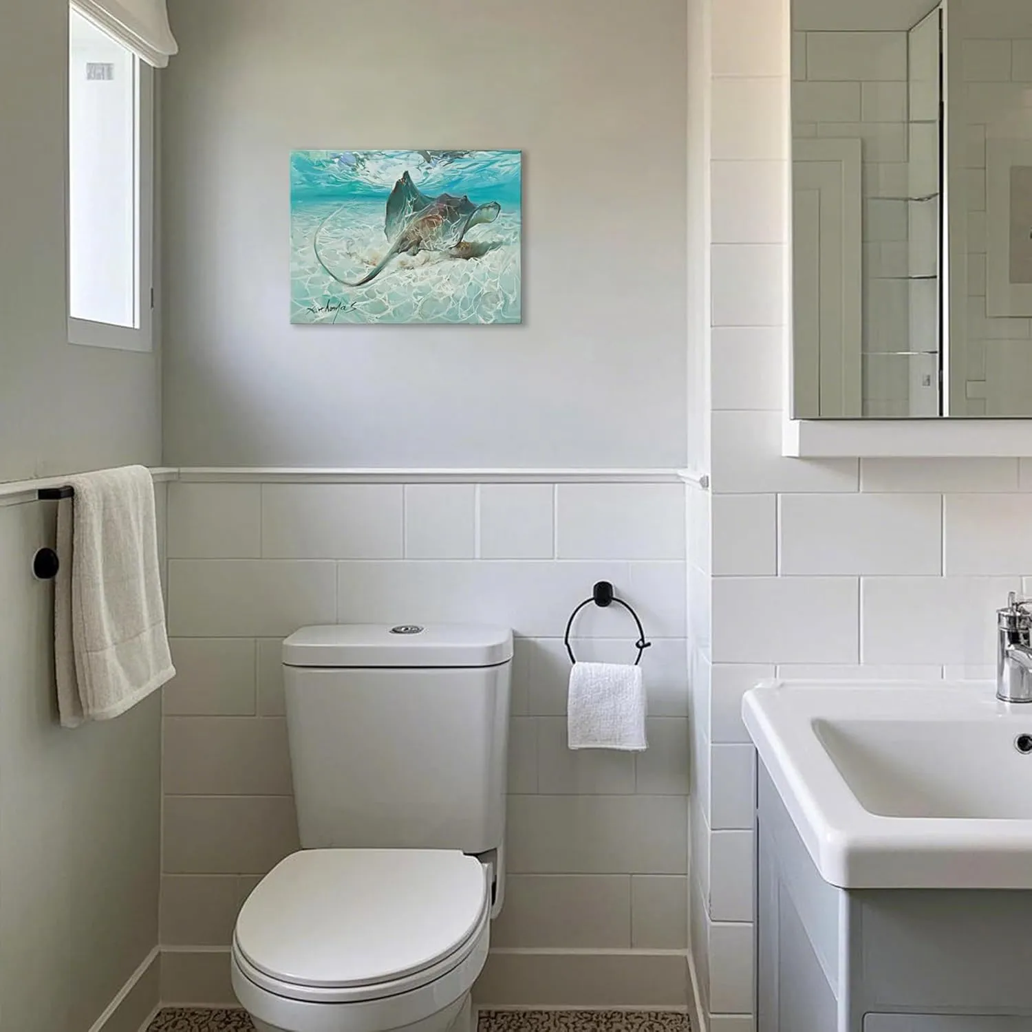LJZLDZS Ocean Canvas Wall Art Nautical Bathroom Decor Stingray Manta Ray Picture Artwork for Living Room Bedroom Kitchen Nursery, 12x16 Inch Blue Teal Beach Decorations Framed Ready to Hang