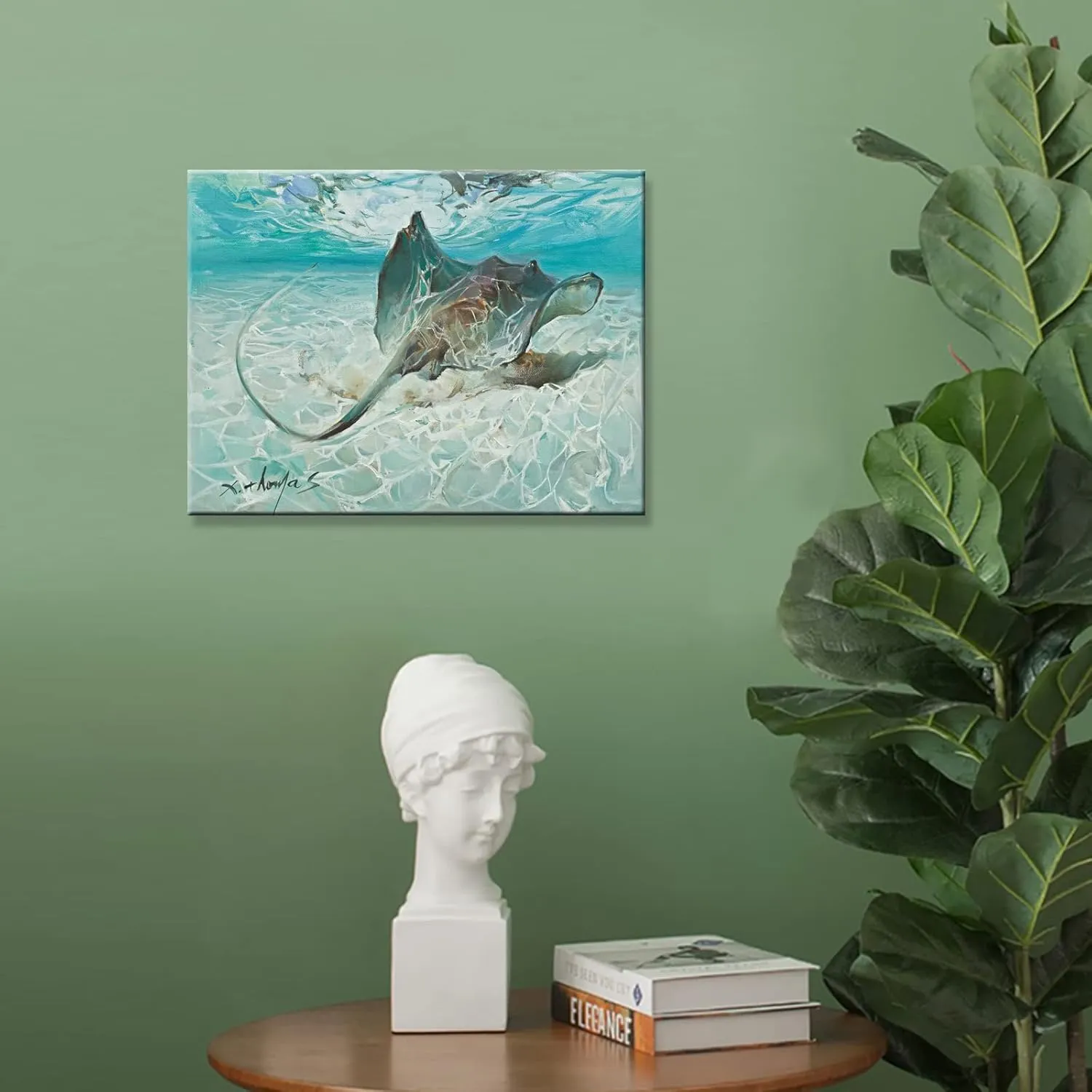 LJZLDZS Ocean Canvas Wall Art Nautical Bathroom Decor Stingray Manta Ray Picture Artwork for Living Room Bedroom Kitchen Nursery, 12x16 Inch Blue Teal Beach Decorations Framed Ready to Hang