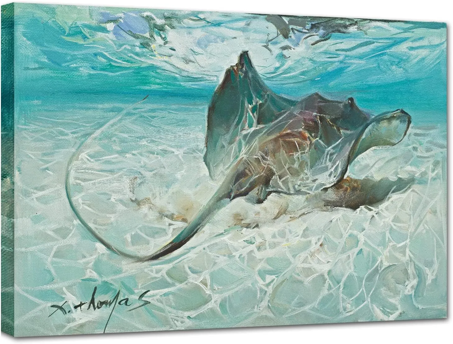LJZLDZS Ocean Canvas Wall Art Nautical Bathroom Decor Stingray Manta Ray Picture Artwork for Living Room Bedroom Kitchen Nursery, 12x16 Inch Blue Teal Beach Decorations Framed Ready to Hang