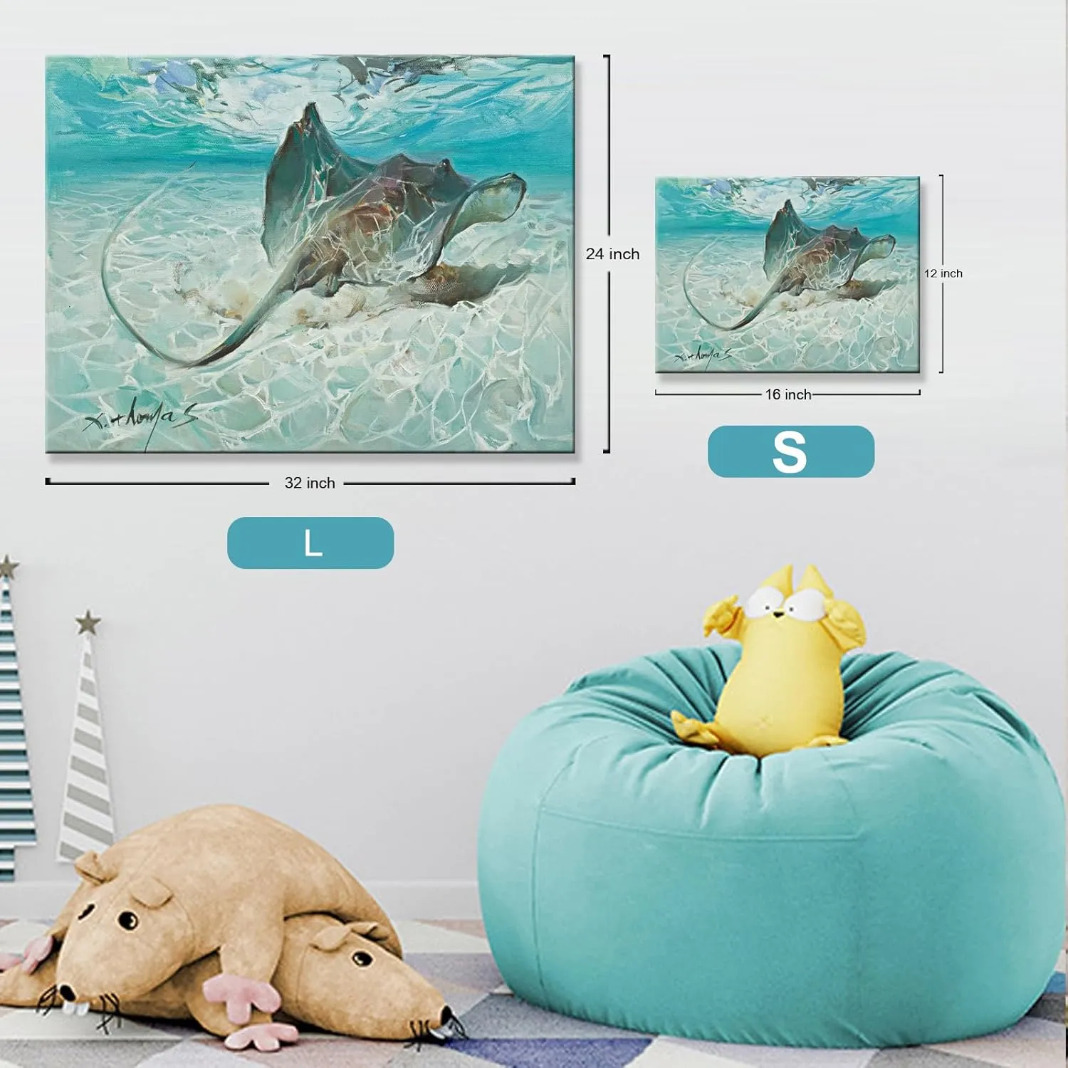 LJZLDZS Ocean Canvas Wall Art Nautical Bathroom Decor Stingray Manta Ray Picture Artwork for Living Room Bedroom Kitchen Nursery, 12x16 Inch Blue Teal Beach Decorations Framed Ready to Hang
