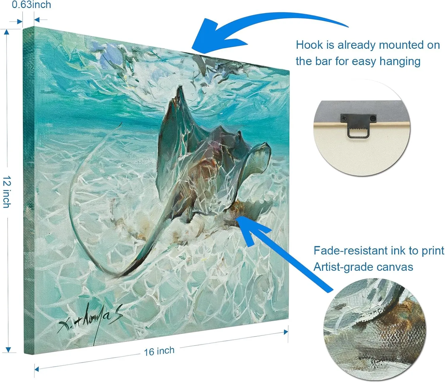 LJZLDZS Ocean Canvas Wall Art Nautical Bathroom Decor Stingray Manta Ray Picture Artwork for Living Room Bedroom Kitchen Nursery, 12x16 Inch Blue Teal Beach Decorations Framed Ready to Hang