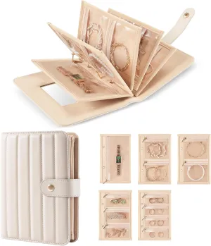 Lolalet Travel Jewelry Organizer Case, Portable Jewlery Storage Book Portfolio Binder with Zipper Velvet Pouch and Built-in Mirror for Women -Beige