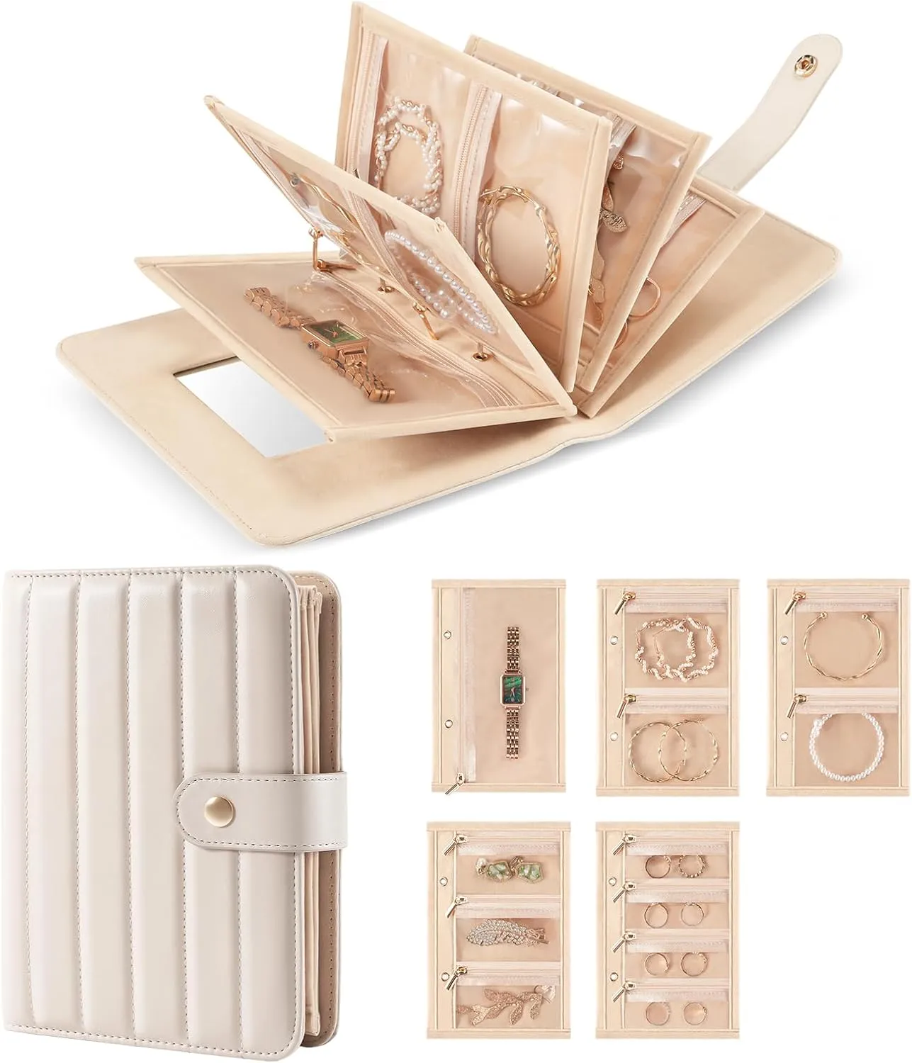 Lolalet Travel Jewelry Organizer Case, Portable Jewlery Storage Book Portfolio Binder with Zipper Velvet Pouch and Built-in Mirror for Women -Beige