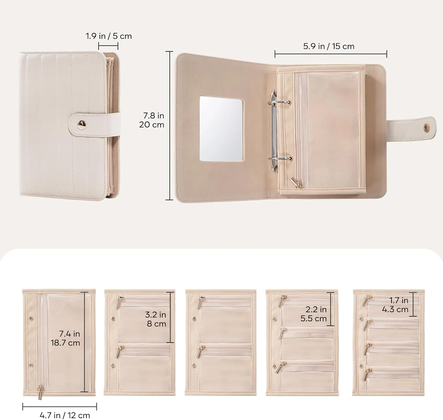Lolalet Travel Jewelry Organizer Case, Portable Jewlery Storage Book Portfolio Binder with Zipper Velvet Pouch and Built-in Mirror for Women -Beige