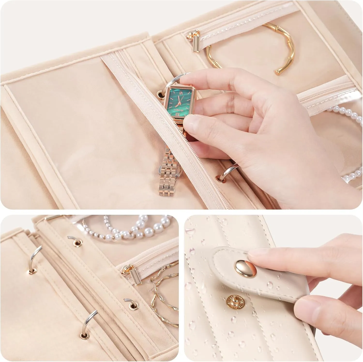 Lolalet Travel Jewelry Organizer Case, Portable Jewlery Storage Book Portfolio Binder with Zipper Velvet Pouch and Built-in Mirror for Women -Beige