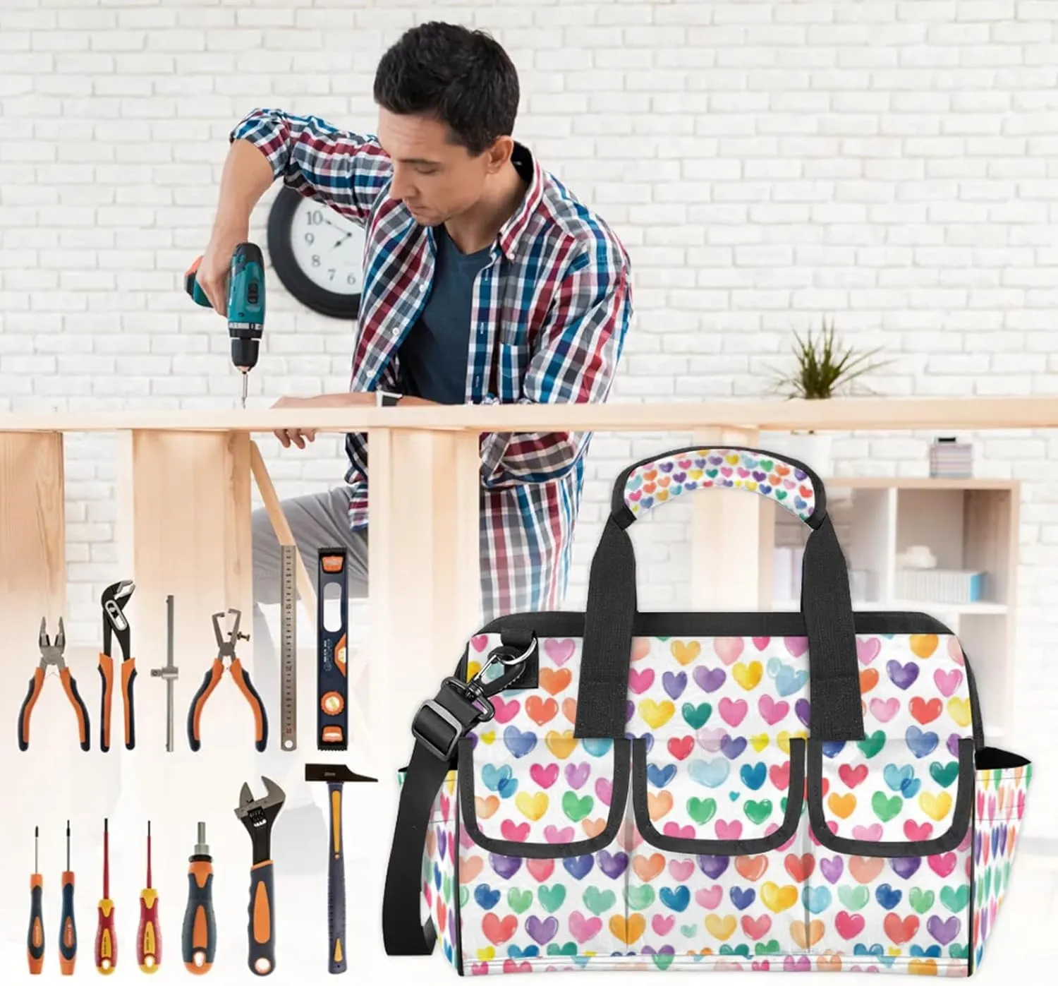 Love Hearts Tool Bags for Men and Women Cute Hearts Heavy Duty Tool Tote Organizer Bag for Electrician Carpenter Mechanic, Adjustable Shoulder Strap