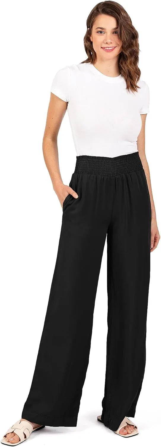 Love Tree Womens Smocked Waist Wide-Leg Tencel Summer Pants