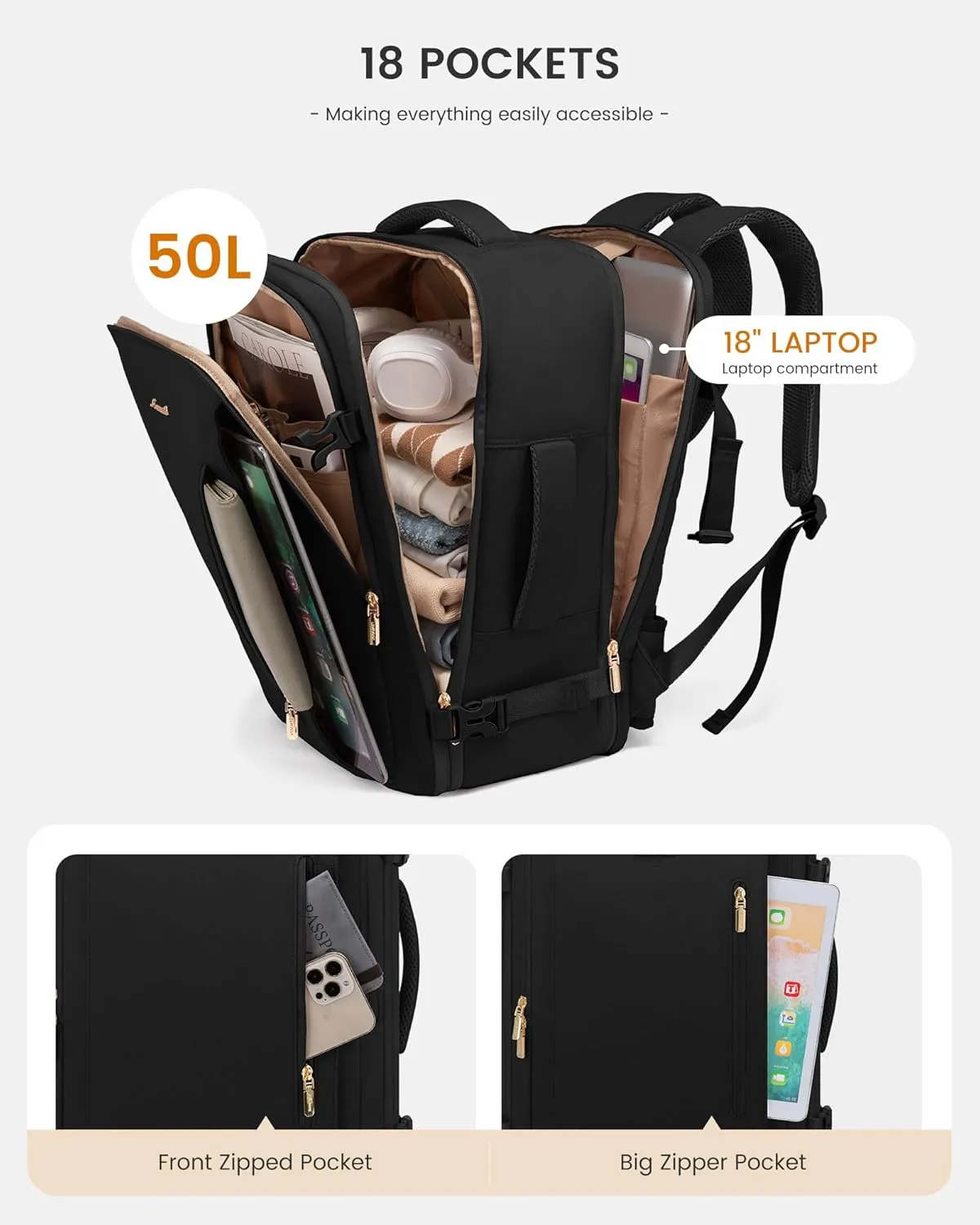 LOVEVOOK Travel Backpack For Women with Waist Strap, 50L Carry On Backpack Luggage Flight Approved,TSA Personal ltem Travel Bag Essentials Fits 18 Inch Laptop,Weekender Daypack with 3 Packing Cubes