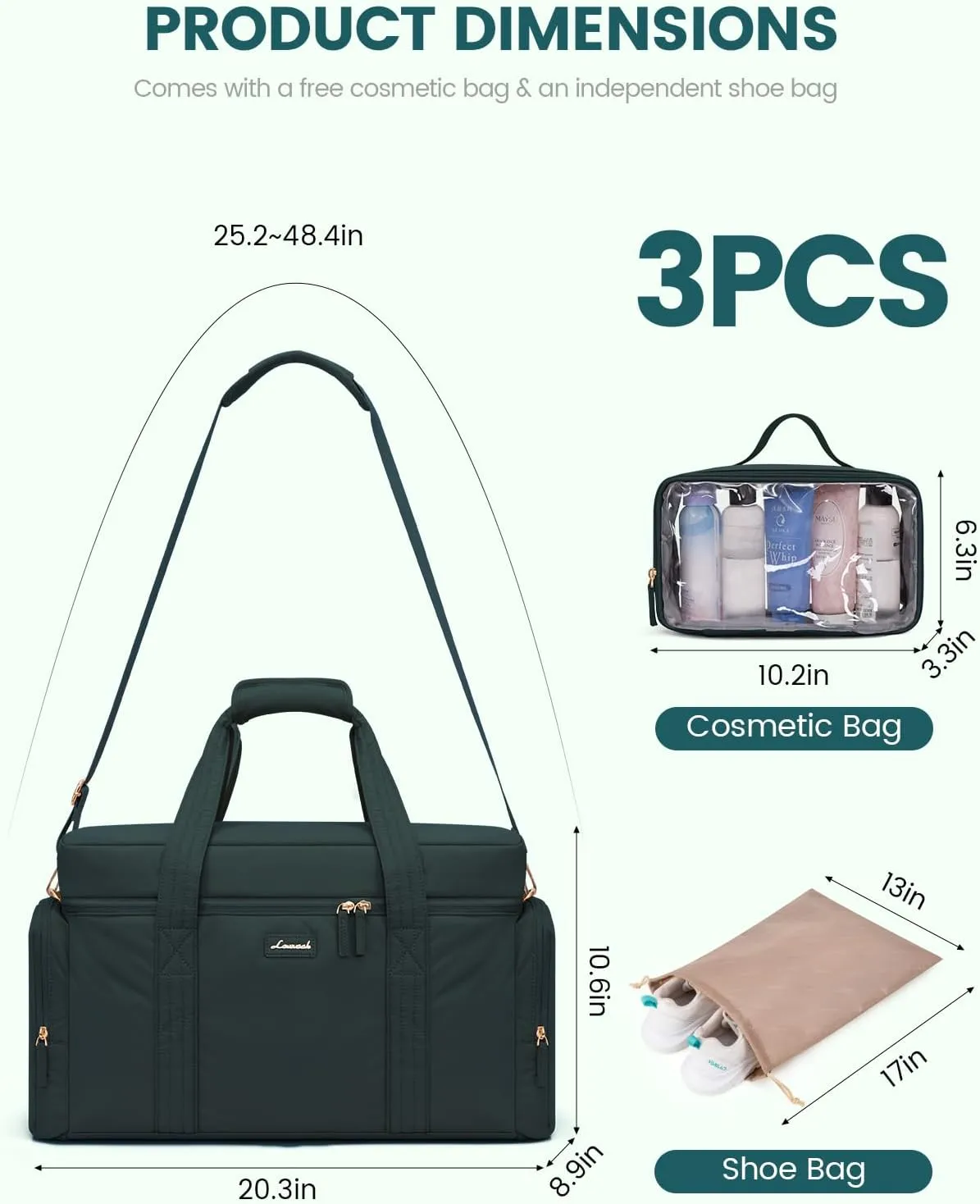 LOVEVOOK Travel Duffle Bag, Puffer Weekender Bag for Women, Overnight Bag with Toiletry Bag, Carry On Bags for Airplanes, Hospital Bag for Labor Delivery, Yoga Gym Bag with Wet Pocket, 3Pcs, Cyan
