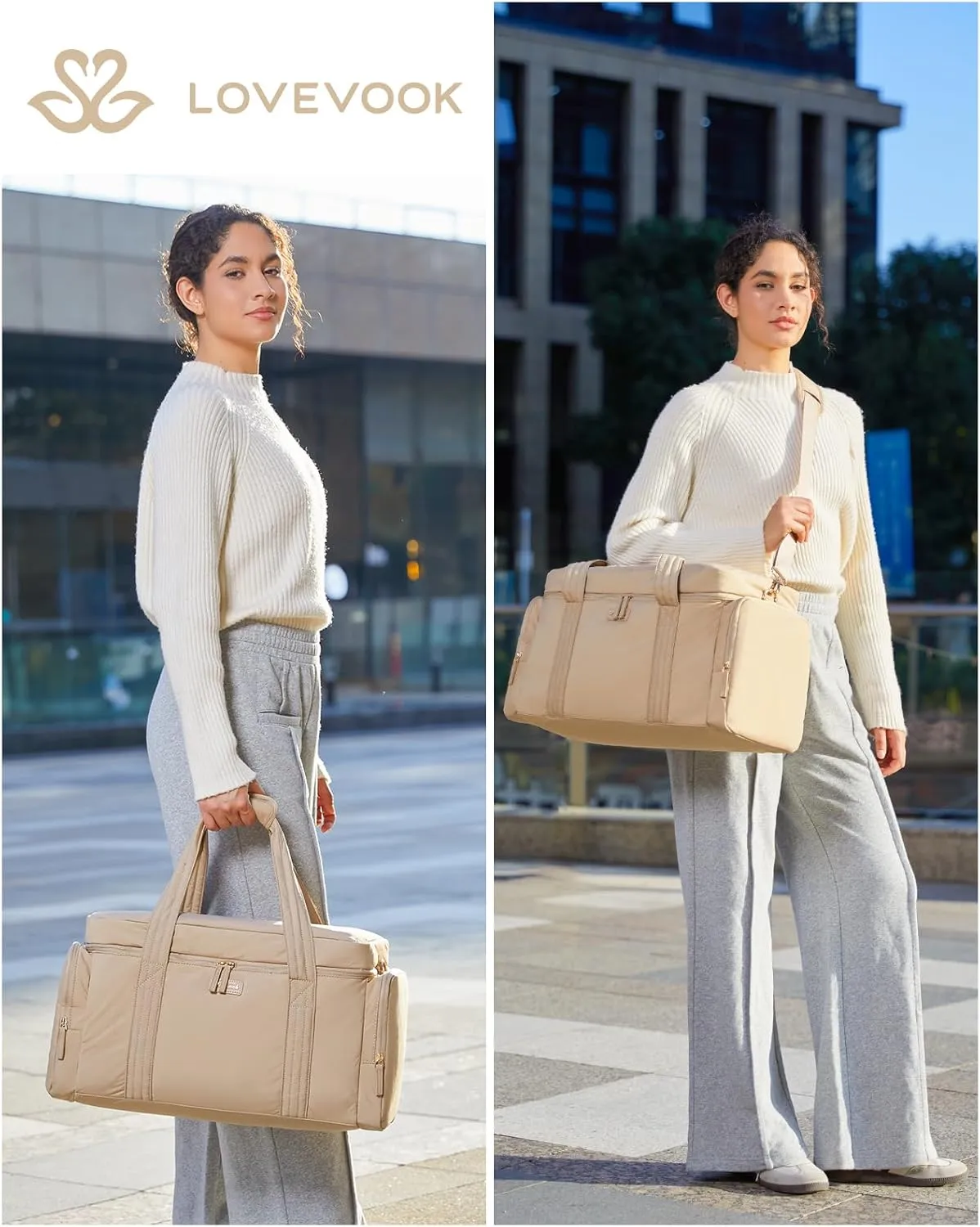 LOVEVOOK Travel Duffle Bag, Puffer Weekender Bag for Women, Overnight Bag with Toiletry Bag, Carry On Bags for Airplanes, Hospital Bag for Labor Delivery, Yoga Gym Bag with Wet Pocket, 3Pcs, Khaki