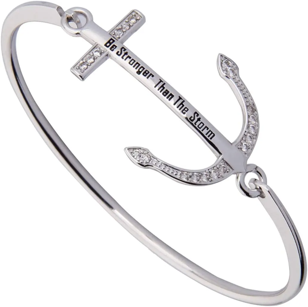 LQPI Nautical Anchor Cross Bracelet with Be Stronger Than the Storm Inscription Inspirational Bangle for Women