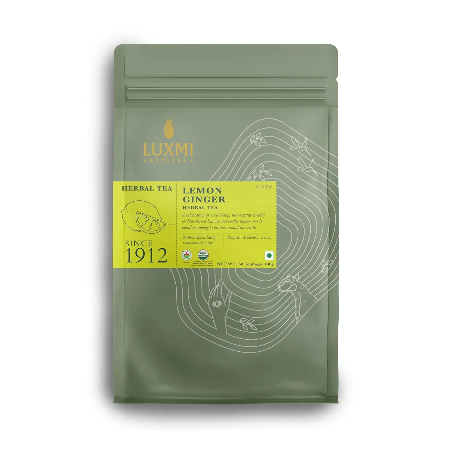 Luxmi Estates - Organic Lemon Ginger Tea - 50 Tea Bags | With Lemon Peel, Ginger, Lemongrass and Licorice | Soothes Your Throat and Uplits Your Mood | | Gift for Mom | Mothers day gift | Gift for her