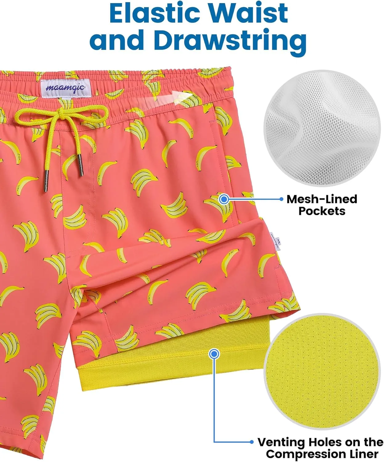 maamgic Mens Swim Trunks with Compression Liner 7 Inch Inseam Mens Bathing Suit Quick Dry Swimming Trunks Swimsuit
