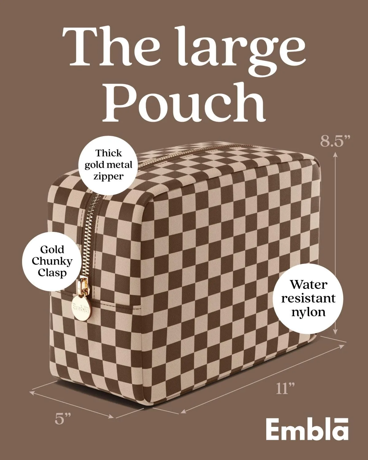 Makeup Bag Travel Cosmetics Pouch and Toiletry Bag, Nylon Zipper Pouch Purse, Cute Make Up Organizer Storage Tote for Women Girls, Travel Skincare Case, Large Makeup Case, Chocolate Sand Checkered