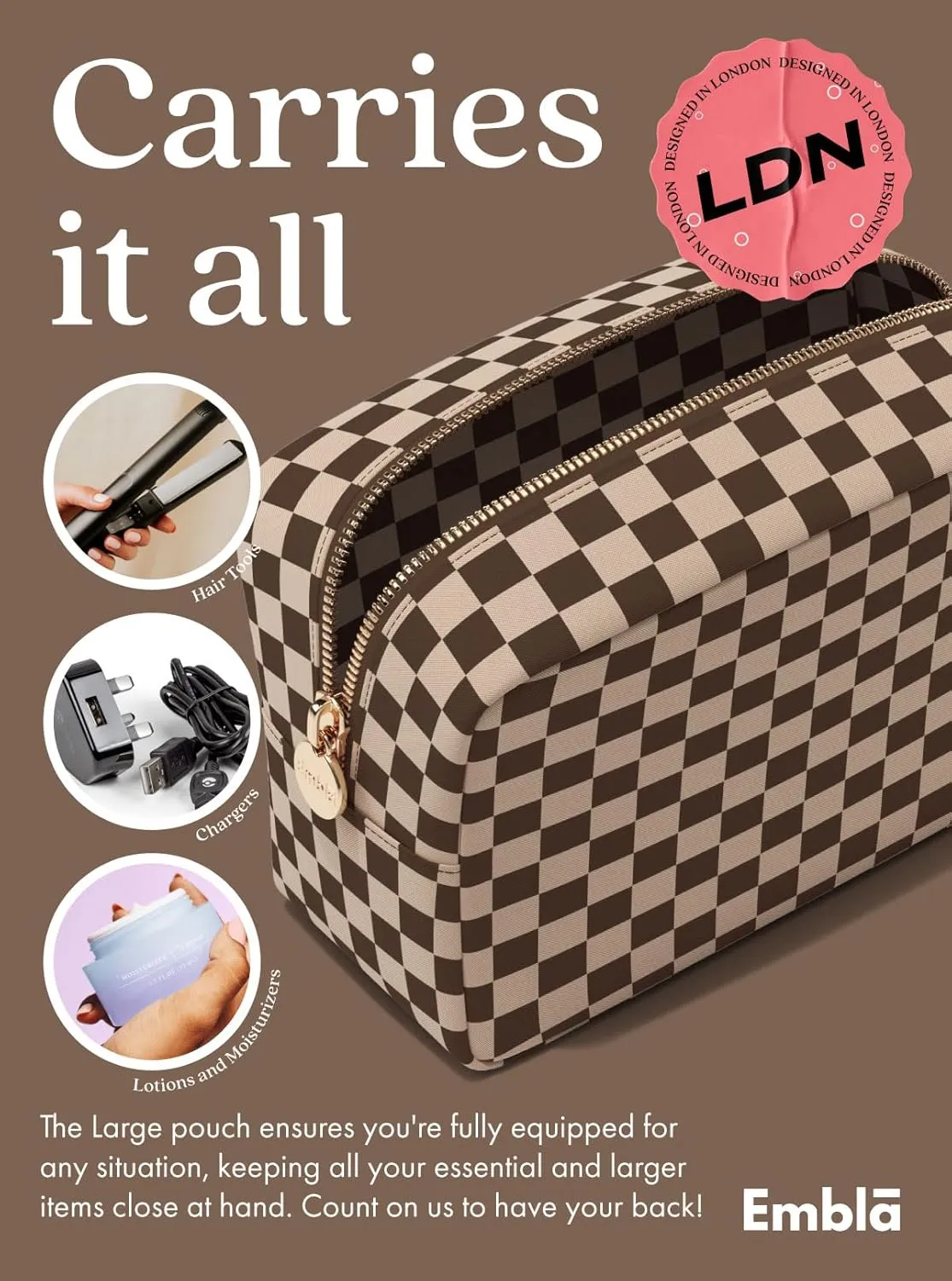 Makeup Bag Travel Cosmetics Pouch and Toiletry Bag, Nylon Zipper Pouch Purse, Cute Make Up Organizer Storage Tote for Women Girls, Travel Skincare Case, Large Makeup Case, Chocolate Sand Checkered