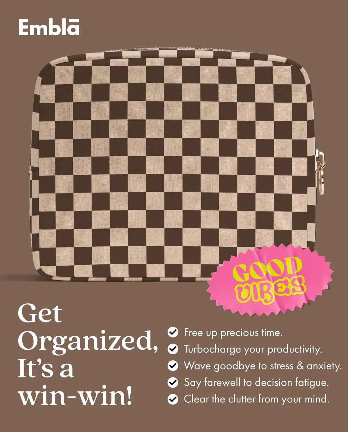 Makeup Bag Travel Cosmetics Pouch and Toiletry Bag, Nylon Zipper Pouch Purse, Cute Make Up Organizer Storage Tote for Women Girls, Travel Skincare Case, Large Makeup Case, Chocolate Sand Checkered