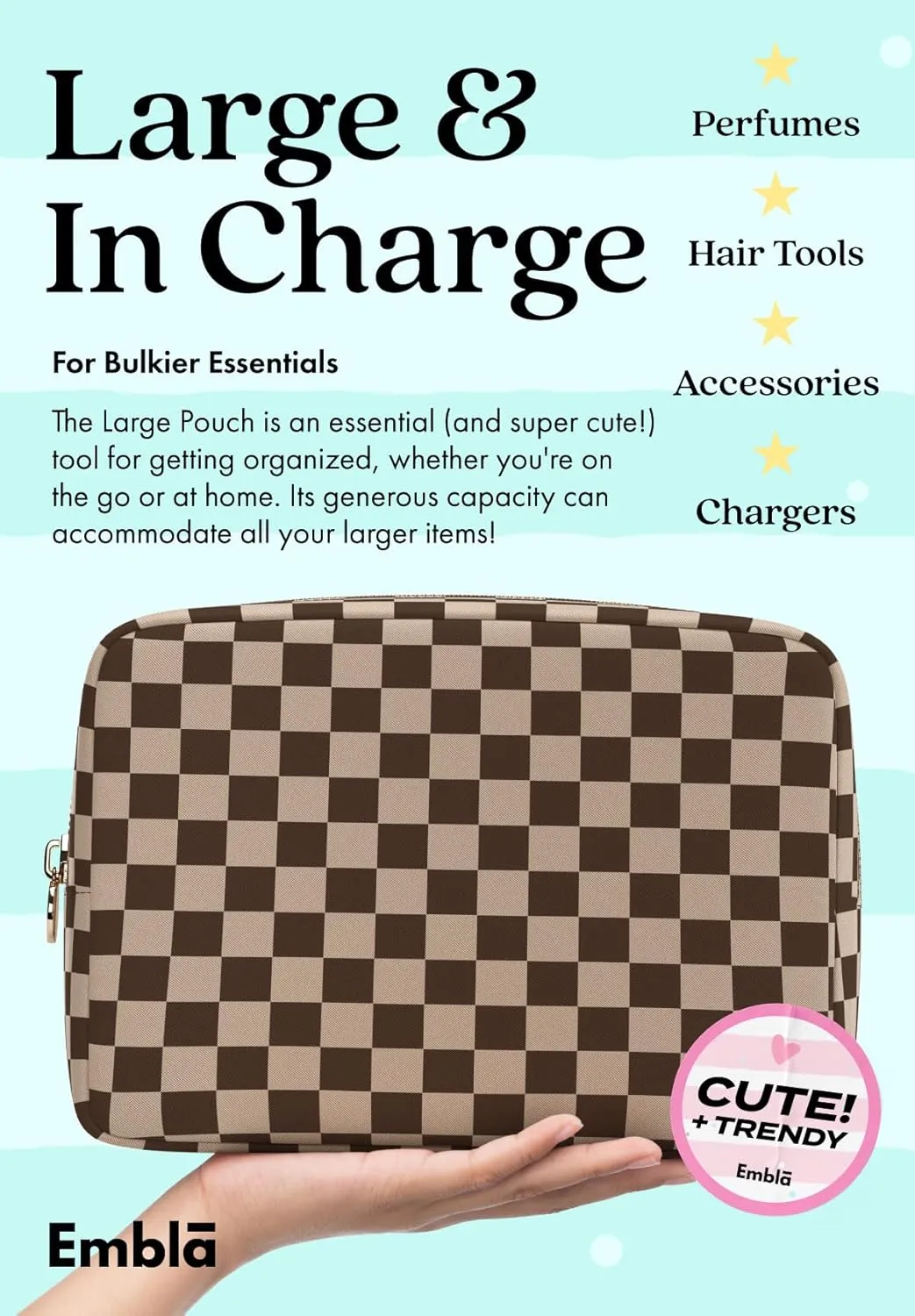 Makeup Bag Travel Cosmetics Pouch and Toiletry Bag, Nylon Zipper Pouch Purse, Cute Make Up Organizer Storage Tote for Women Girls, Travel Skincare Case, Large Makeup Case, Chocolate Sand Checkered