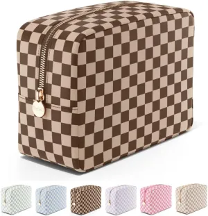 Makeup Bag Travel Cosmetics Pouch and Toiletry Bag, Nylon Zipper Pouch Purse, Cute Make Up Organizer Storage Tote for Women Girls, Travel Skincare Case, Large Makeup Case, Chocolate Sand Checkered