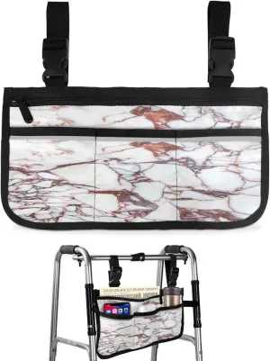 Marble Wheelchair Side Bag Walker Bag Walker Accessories Armrest Storage Pouches with Reflective Stripes Organizer Bag Reddish Brown Marble Pattern Wheelchair Bag for Rollator