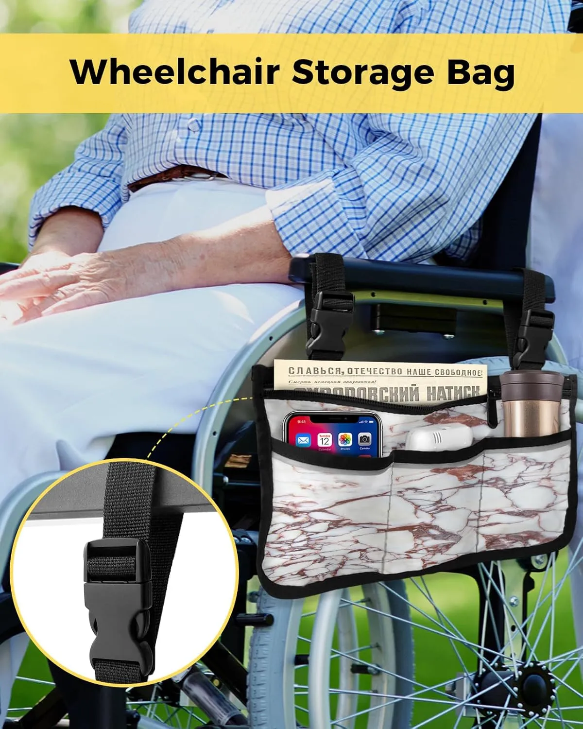 Marble Wheelchair Side Bag Walker Bag Walker Accessories Armrest Storage Pouches with Reflective Stripes Organizer Bag Reddish Brown Marble Pattern Wheelchair Bag for Rollator