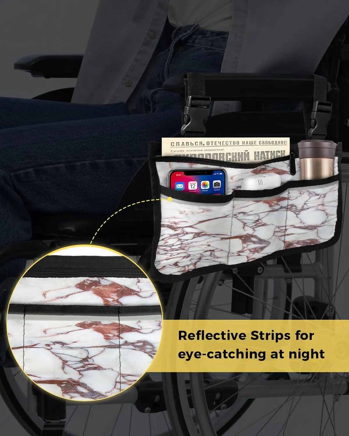 Marble Wheelchair Side Bag Walker Bag Walker Accessories Armrest Storage Pouches with Reflective Stripes Organizer Bag Reddish Brown Marble Pattern Wheelchair Bag for Rollator