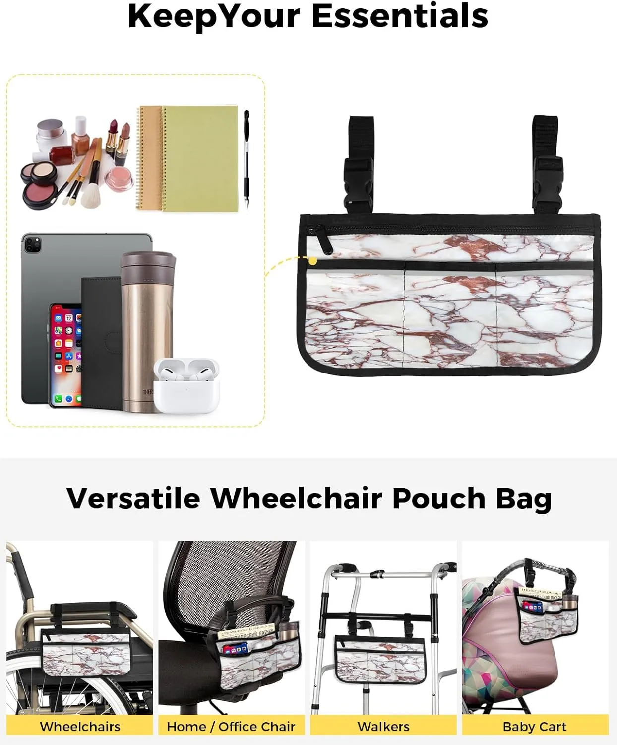 Marble Wheelchair Side Bag Walker Bag Walker Accessories Armrest Storage Pouches with Reflective Stripes Organizer Bag Reddish Brown Marble Pattern Wheelchair Bag for Rollator