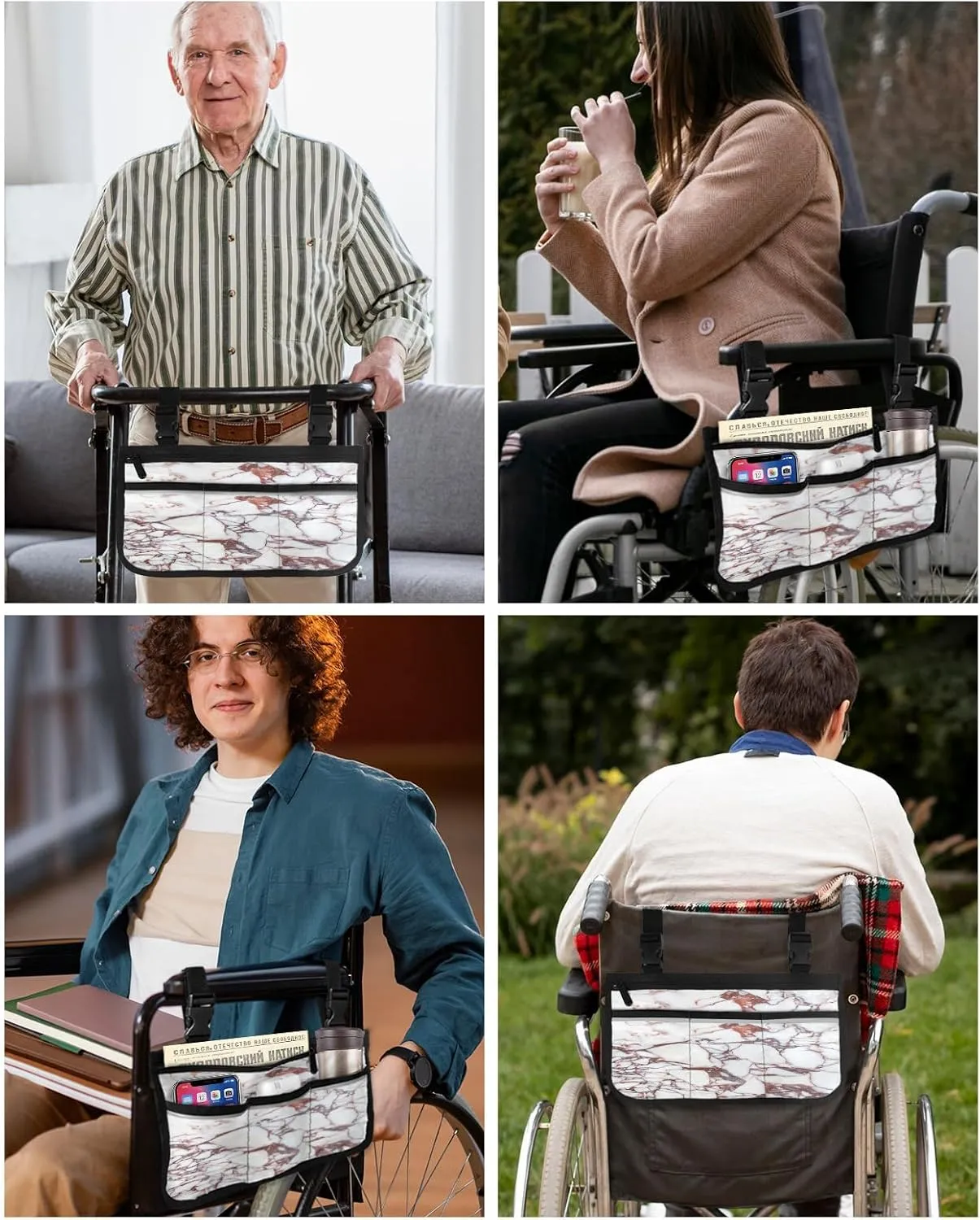 Marble Wheelchair Side Bag Walker Bag Walker Accessories Armrest Storage Pouches with Reflective Stripes Organizer Bag Reddish Brown Marble Pattern Wheelchair Bag for Rollator