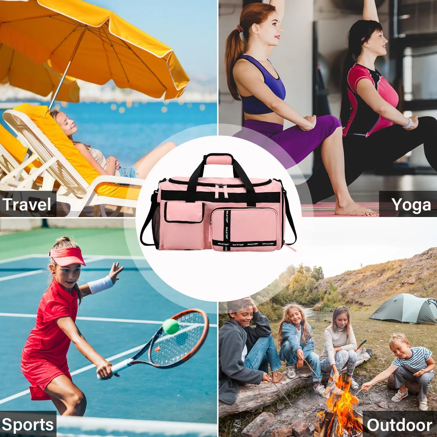 MAXTOP Travel Duffle Bag for Women,Carry On Tote Weekender Overnight Duffel Gym Bag with Shoe Compartment & Wet Pocket,Pink