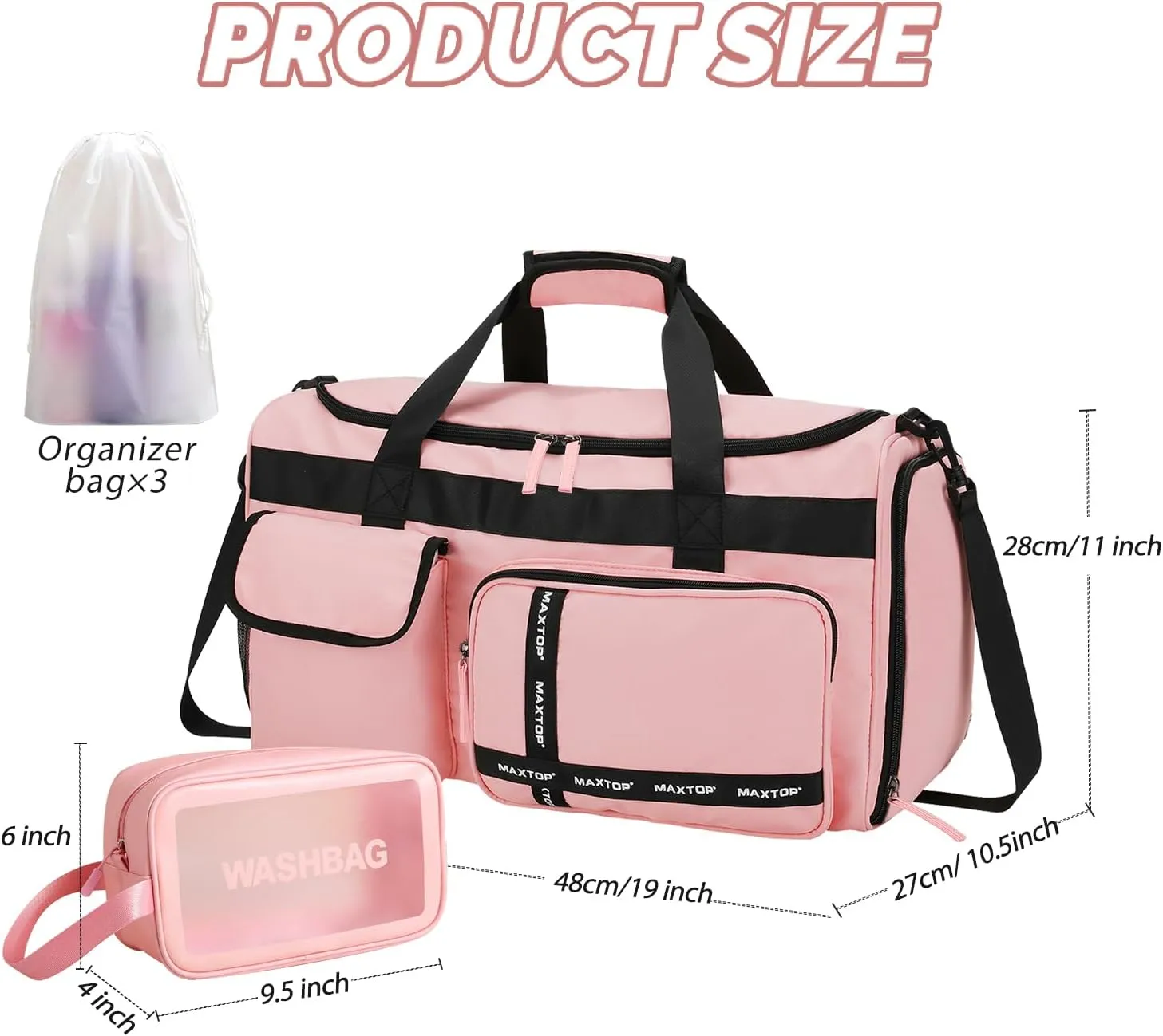 MAXTOP Travel Duffle Bag for Women,Carry On Tote Weekender Overnight Duffel Gym Bag with Shoe Compartment & Wet Pocket,Pink