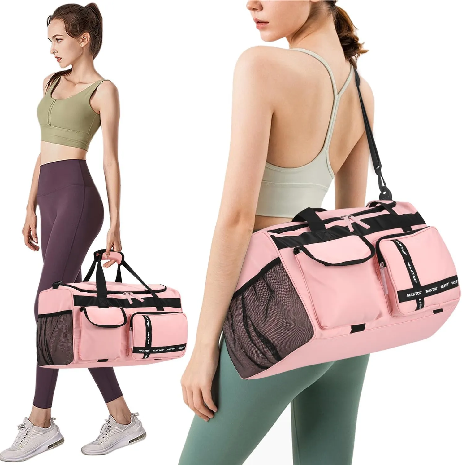 MAXTOP Travel Duffle Bag for Women,Carry On Tote Weekender Overnight Duffel Gym Bag with Shoe Compartment & Wet Pocket,Pink