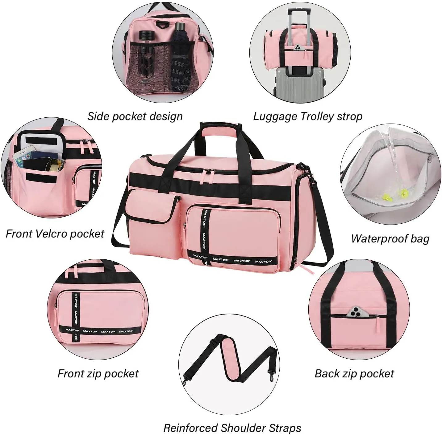 MAXTOP Travel Duffle Bag for Women,Carry On Tote Weekender Overnight Duffel Gym Bag with Shoe Compartment & Wet Pocket,Pink