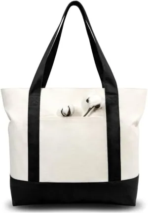 Mayatra's Stylish Canvas Tote Shopping Bag with an External Pocket, Top Zipper Closure, Daily Essentials (Black/Natural) (Pack Of 1)