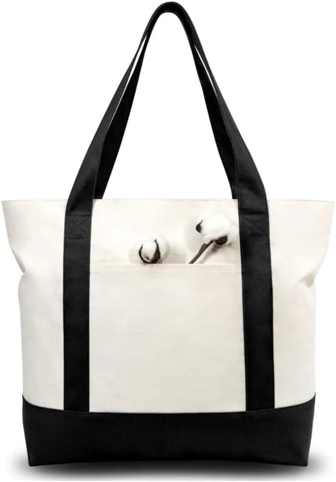 Mayatra's Stylish Canvas Tote Shopping Bag with an External Pocket, Top Zipper Closure, Daily Essentials (Black/Natural) (Pack Of 1)
