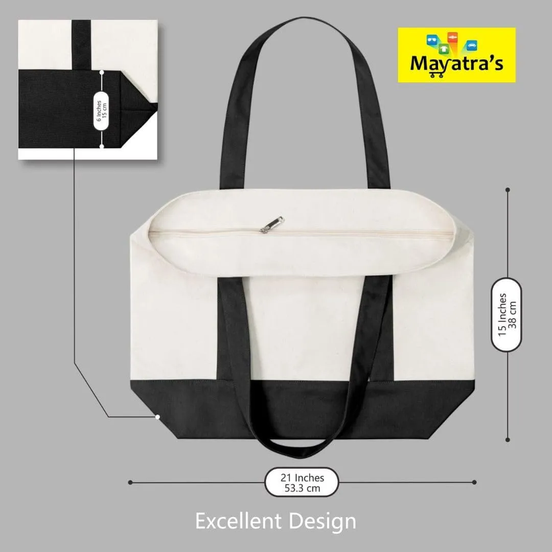 Mayatra's Stylish Canvas Tote Shopping Bag with an External Pocket, Top Zipper Closure, Daily Essentials (Black/Natural) (Pack Of 1)