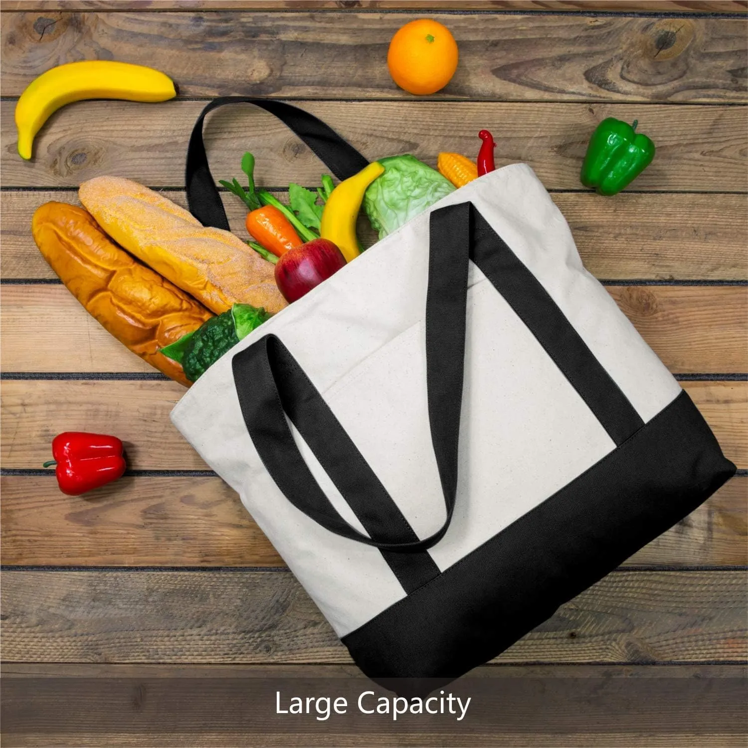 Mayatra's Stylish Canvas Tote Shopping Bag with an External Pocket, Top Zipper Closure, Daily Essentials (Black/Natural) (Pack Of 1)