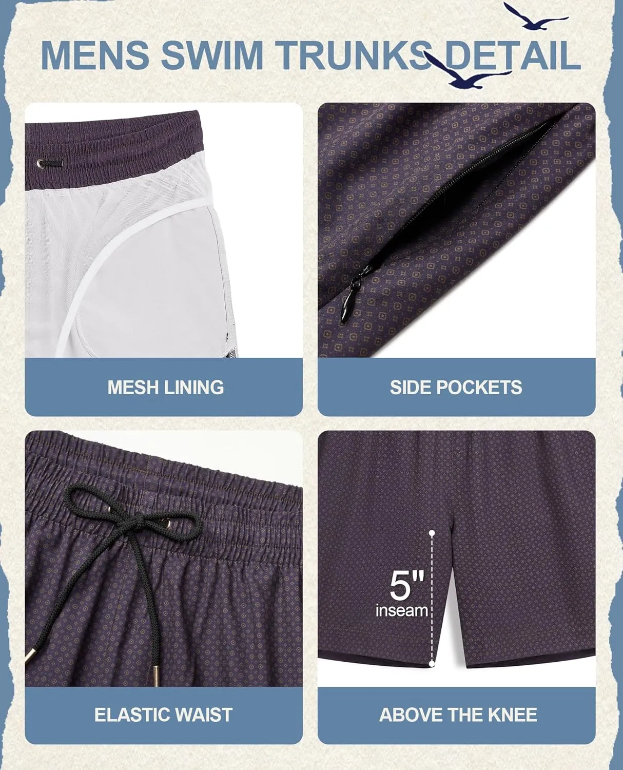 Mens 5" Vintage Swim Trunks Bathing Suits with Mesh Lining Quick Dry Swim Shorts Men Swimsuits with Zipper Pocket
