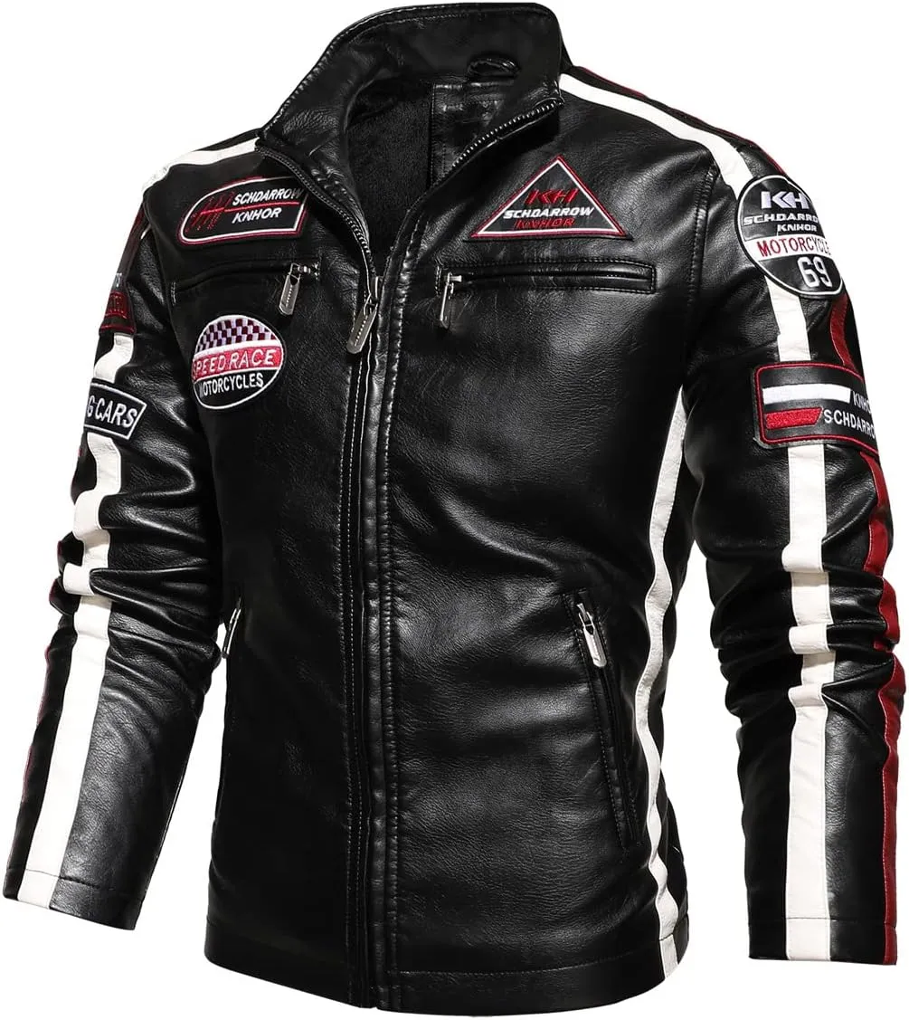 Men’s Black Rider Genuine Sheepskin Stand Collar Embroidery Patch Aviator Biker Leather Jacket