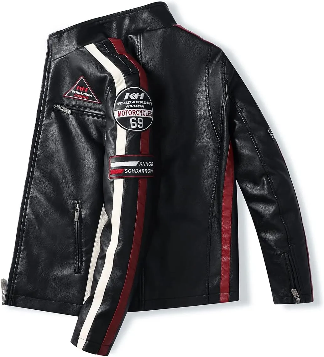 Men’s Black Rider Genuine Sheepskin Stand Collar Embroidery Patch Aviator Biker Leather Jacket