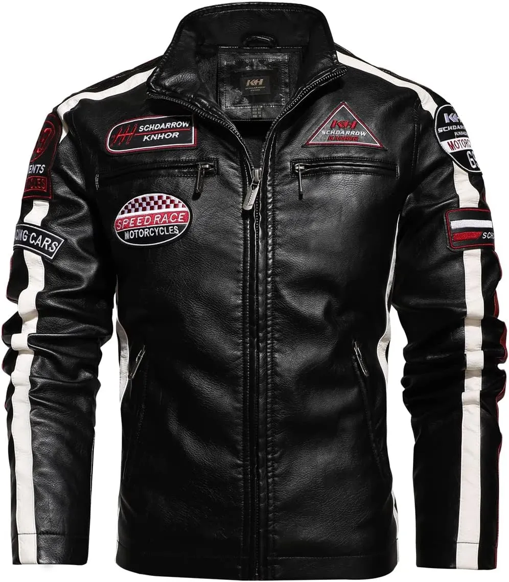 Men’s Black Rider Genuine Sheepskin Stand Collar Embroidery Patch Aviator Biker Leather Jacket