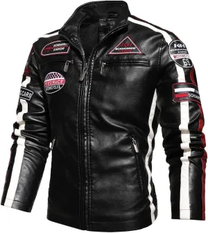 Men’s Black Rider Genuine Sheepskin Stand Collar Embroidery Patch Aviator Biker Leather Jacket