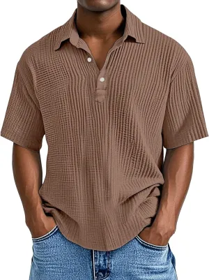 Men's Button Polo Shirt Textured Casual Knit Short Sleeve Polo T Shirt Summer Beach Holiday Stretchy Golf Shirts