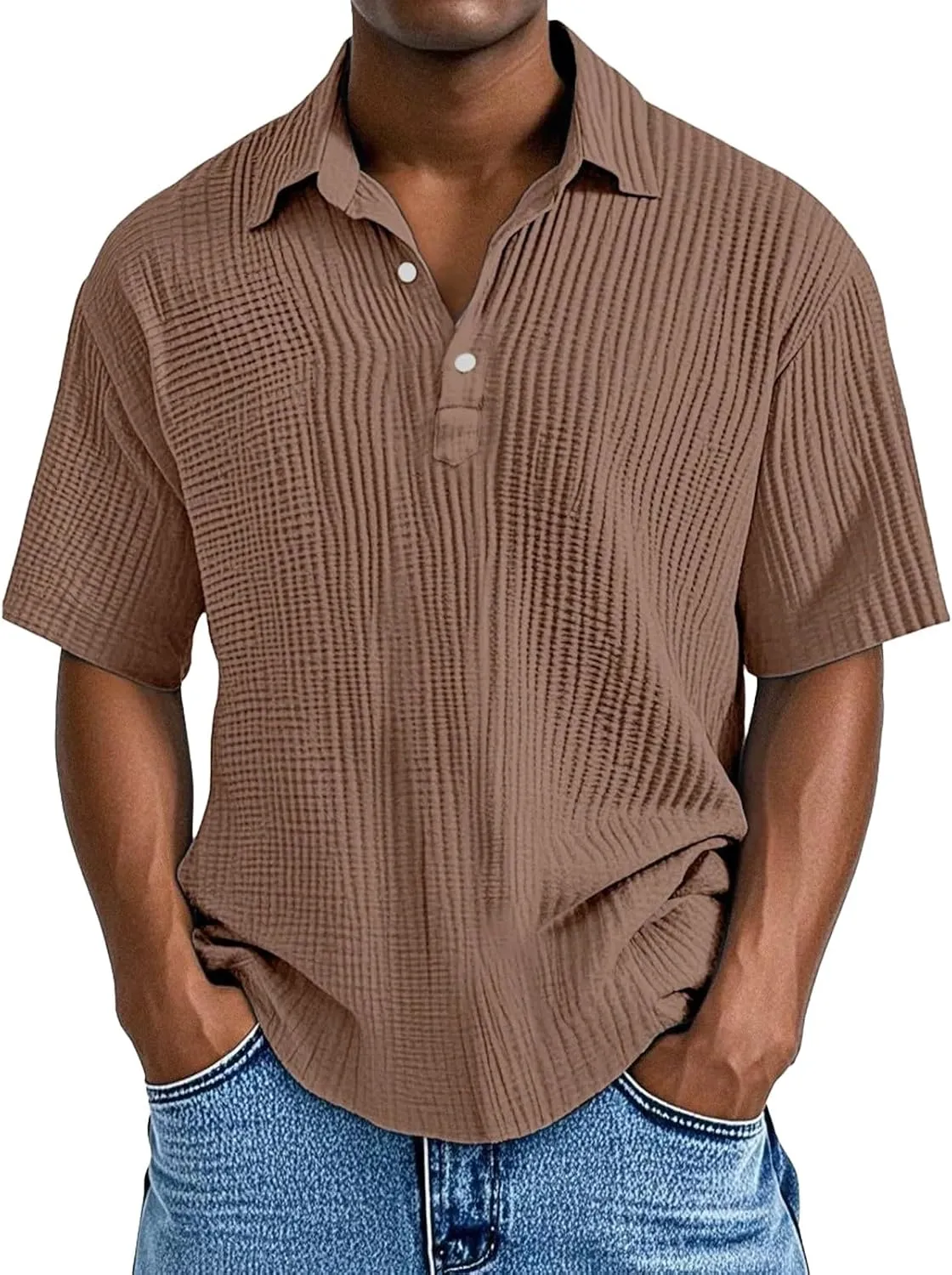 Men's Button Polo Shirt Textured Casual Knit Short Sleeve Polo T Shirt Summer Beach Holiday Stretchy Golf Shirts