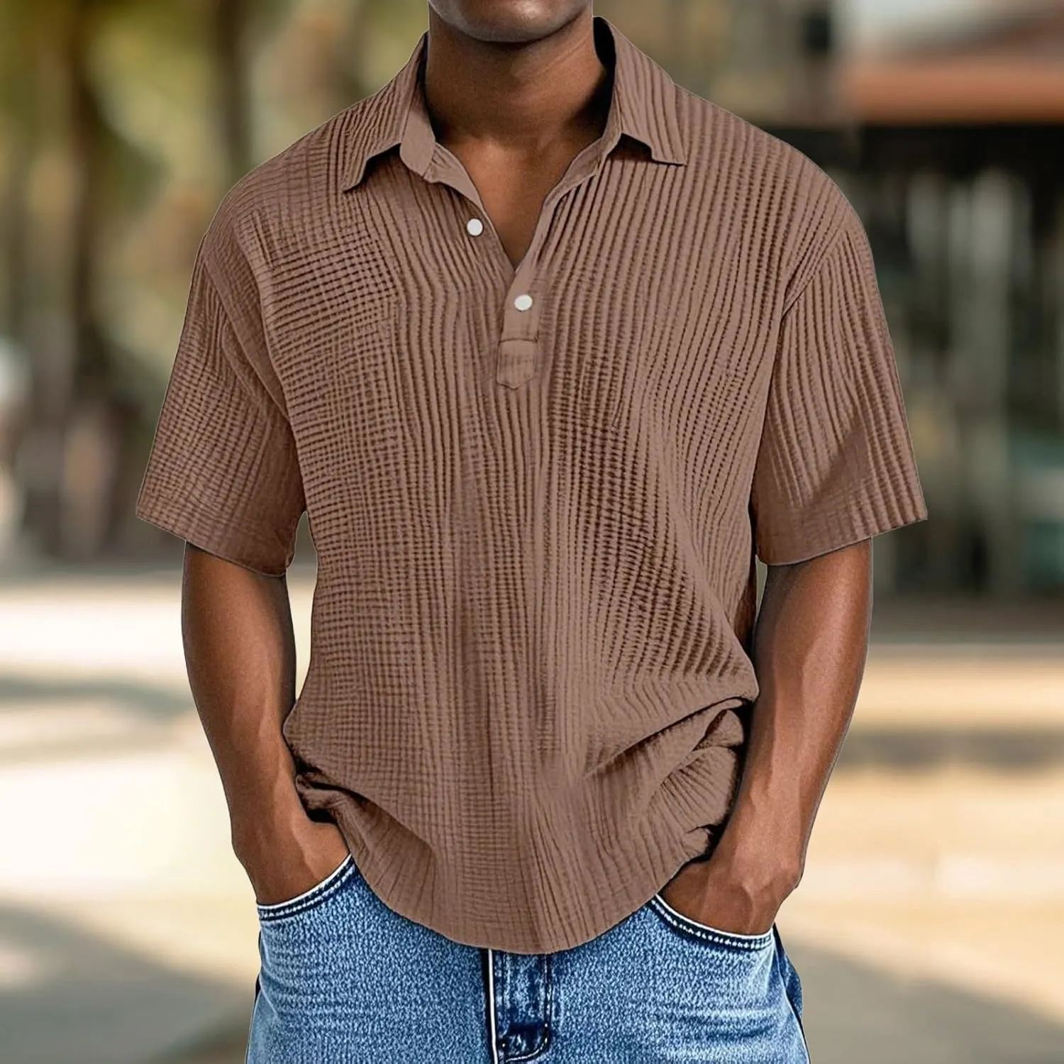 Men's Button Polo Shirt Textured Casual Knit Short Sleeve Polo T Shirt Summer Beach Holiday Stretchy Golf Shirts