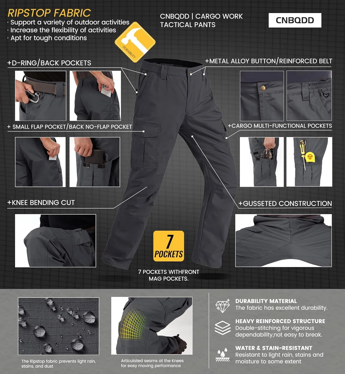 Mens Cargo Work Pants Ripstop Water Resistant Outdoor Tactical Utility Pants with 7 Pockets Hiking Construction Pants