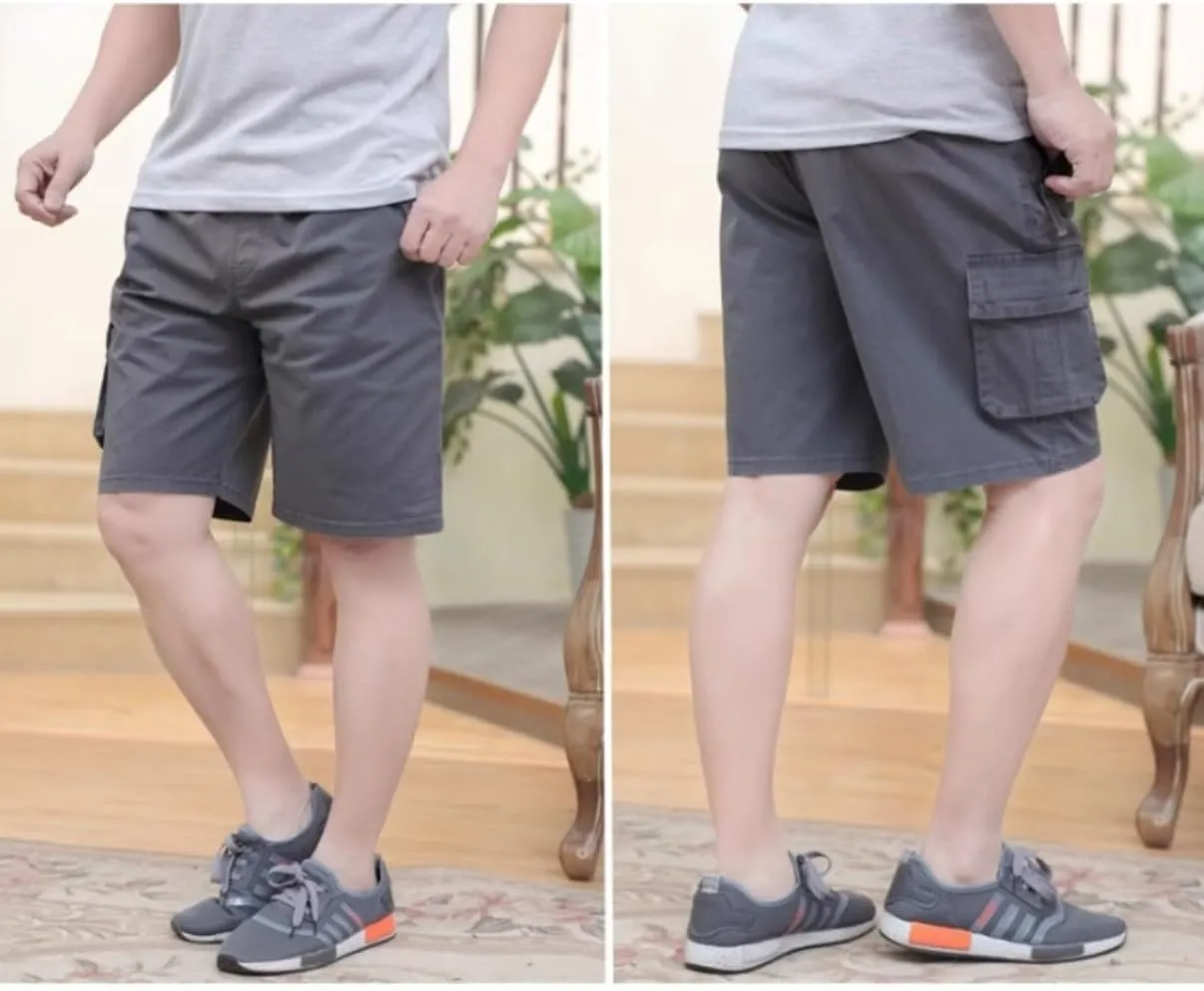Men's Cotton Full Elastic Waist Cargo Shorts Loose Fit Drawstring Short